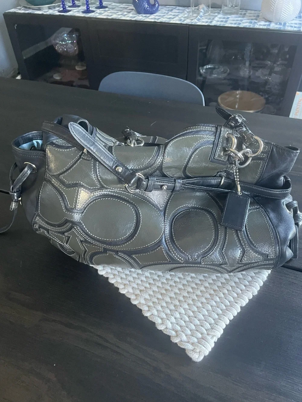 Coach Colette Black Leather Shoulder Bag with Signature Circle Appliqué